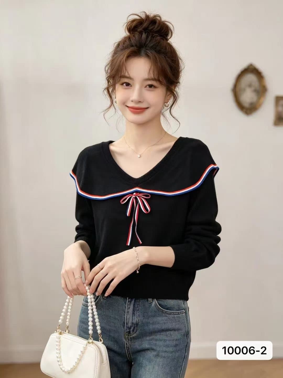 정가 외국 가스 연령 감소 베이비 칼라 단추 측면 배색 긴팔 맨위 여성 상세 이미지 1