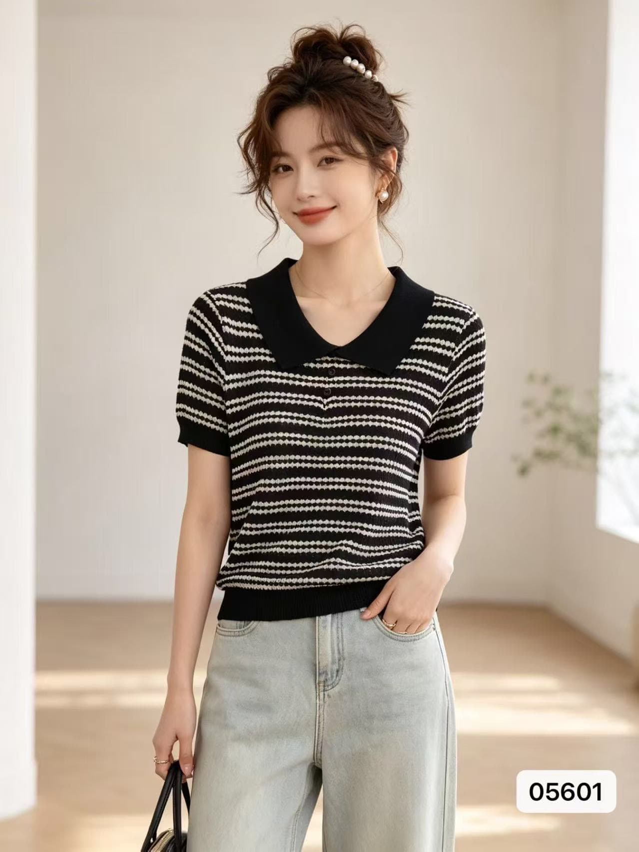 정가 패션 폴로 칼라 단추 하프 열린 가슴 질감 센스 패치워크 색상 니트 풀오버 반팔 맨위 여성 이미지 2