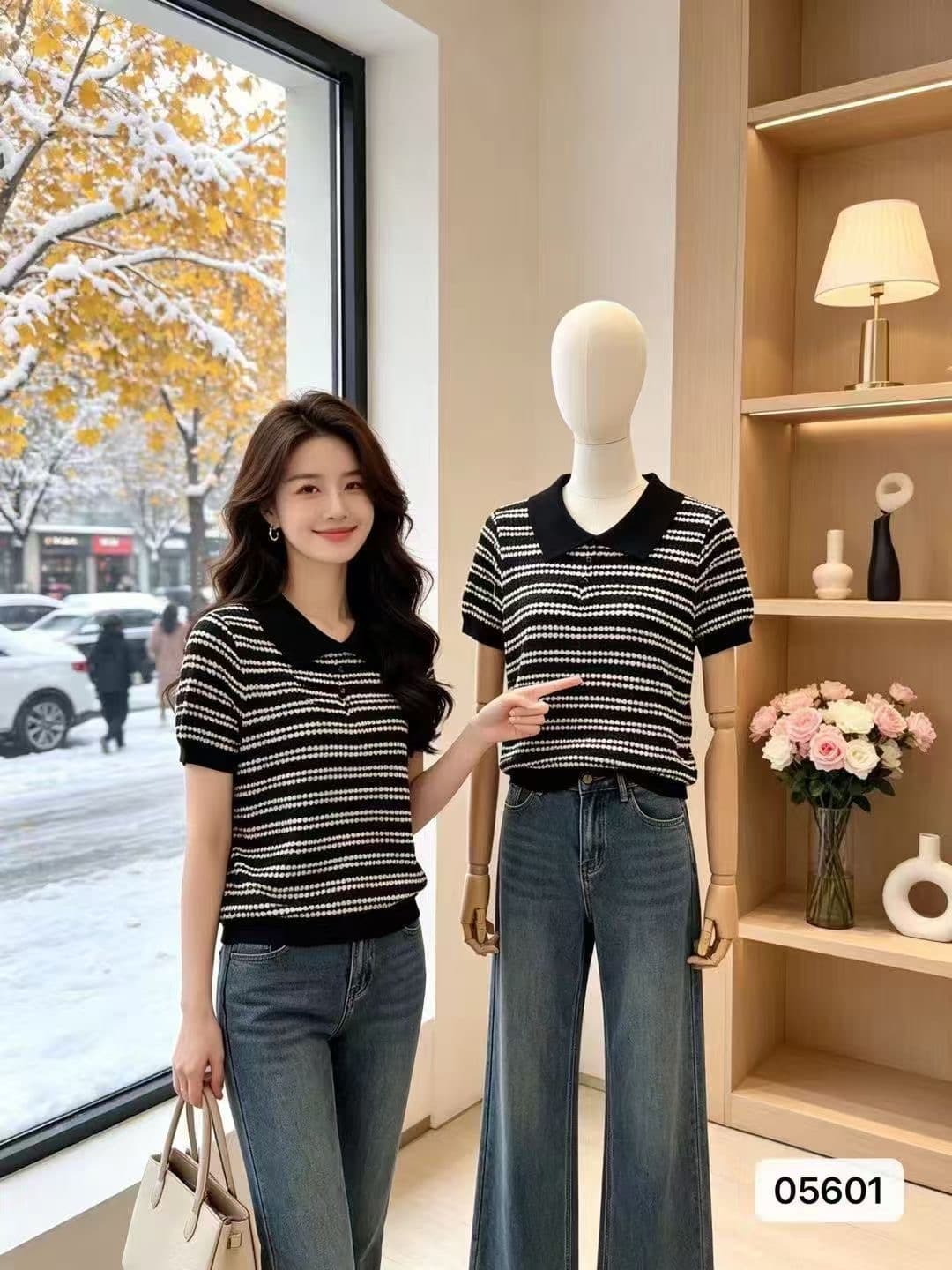 정가 패션 폴로 칼라 단추 하프 열린 가슴 질감 센스 패치워크 색상 니트 풀오버 반팔 맨위 여성 상세 이미지 1