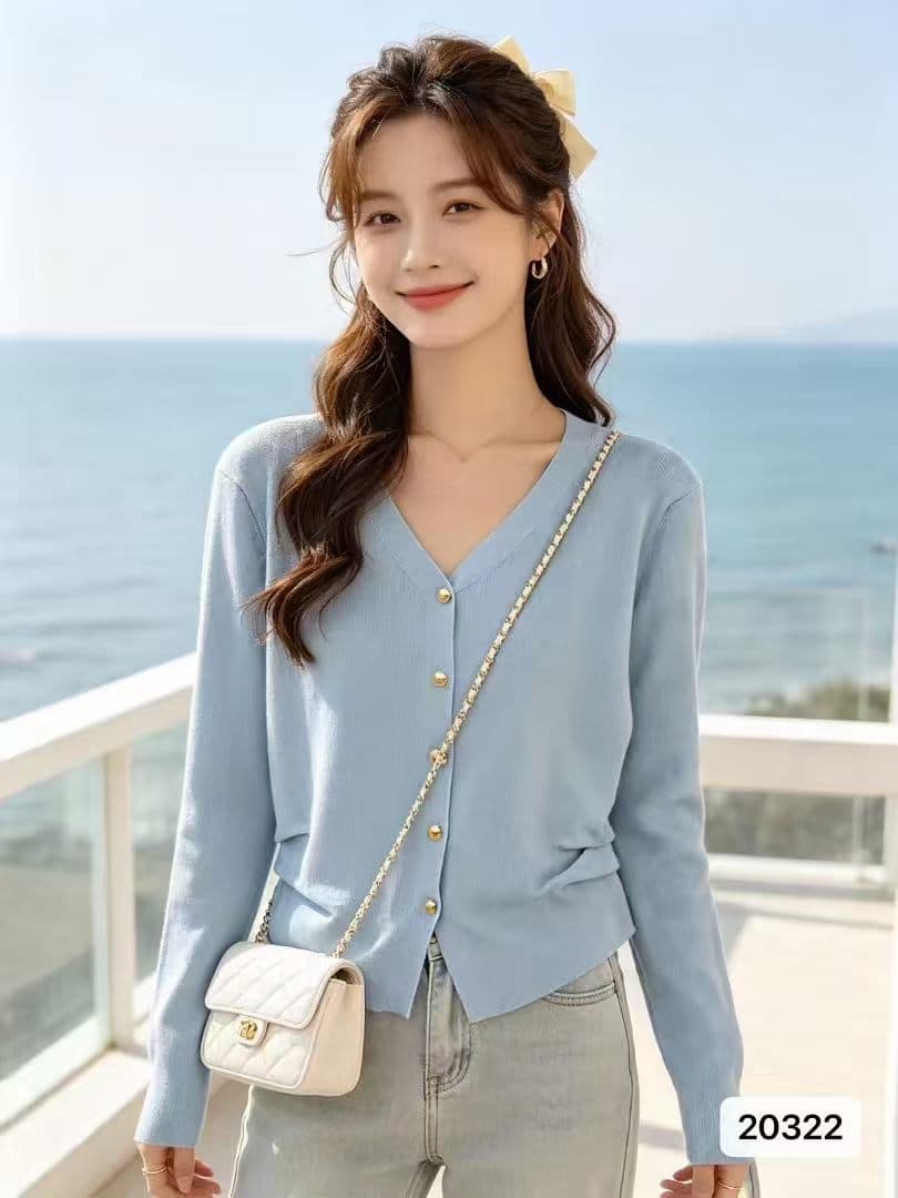 정가 작은 샤넬 스타일 V넥 금속 버클 주름 허리 수축 슬림해 보이는 긴팔 맨위 여성 상세 이미지 1
