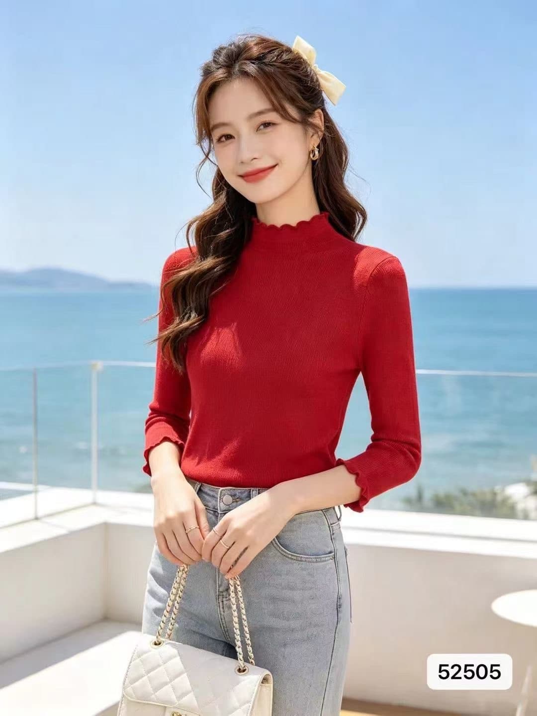 정가 품격 연령 감소 반하이넥 프릴 단색 다용도 풀오버 긴팔 맨위 여성