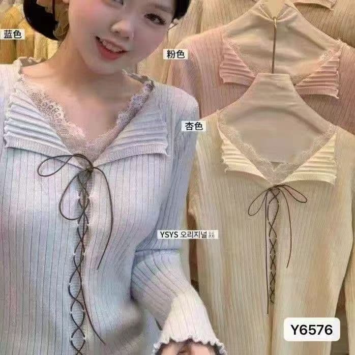 정가 고급 센스 V넥 레이스 측면 나비 매듭 스트랩 장식 니트 풀오버 긴팔 맨위 상세 이미지 1
