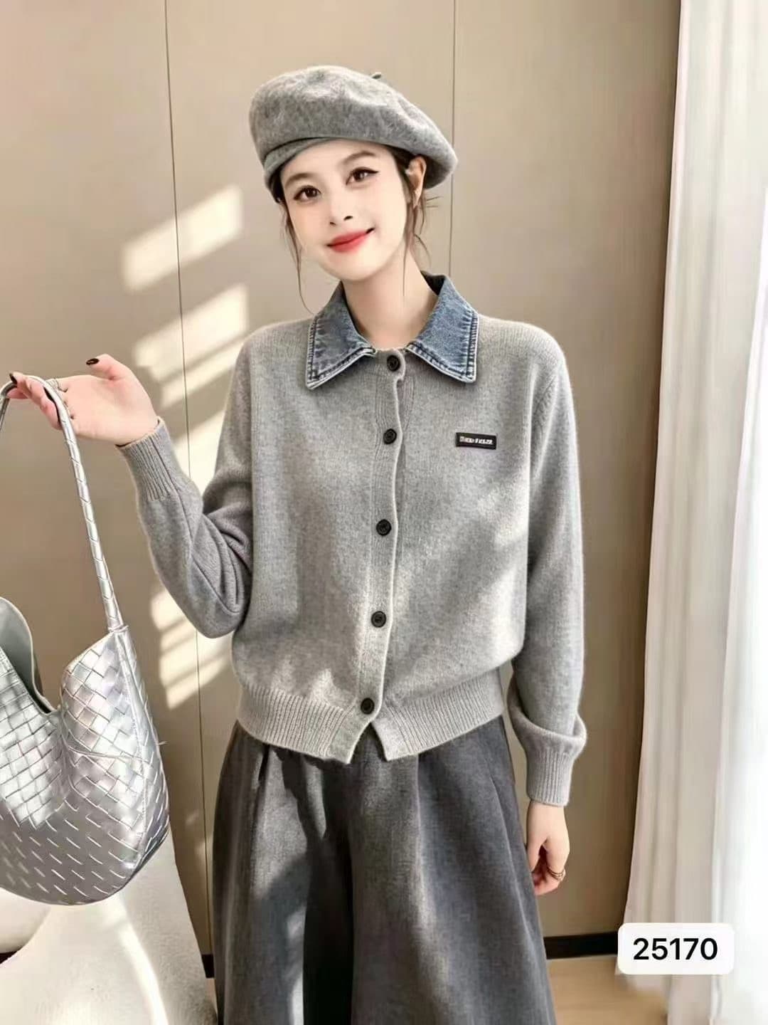 정가 패션 데님 칼라 패치워크 니트 페이크 레이어드 긴팔 오픈 가디건 맨위 여성