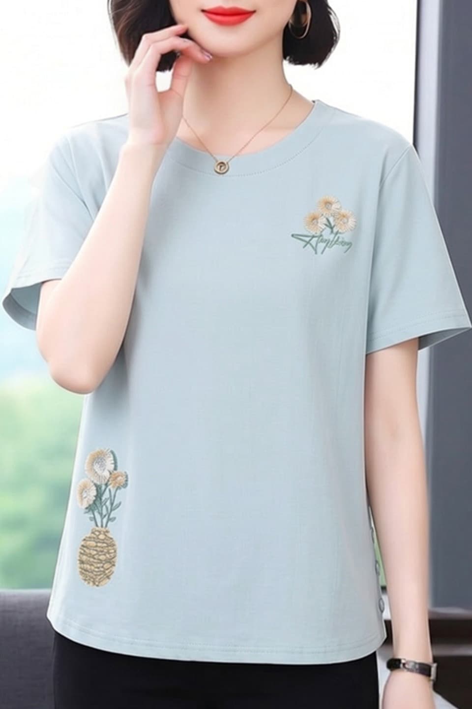 어머니 드레스 2026 봄 새로운 반팔 여성 티셔츠 고급 센스 자수 디자인 루즈핏 슬림해 보이는 표지 고기 맨위 여성 이미지 6
