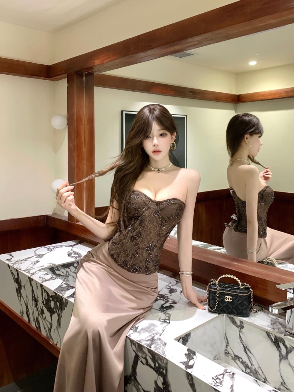 실사 새로운 레이스 조각 순수한 욕망 바람 캐미솔 패션 세트 새틴 몸매 가꾸기 반신 스커트 상세 이미지 7