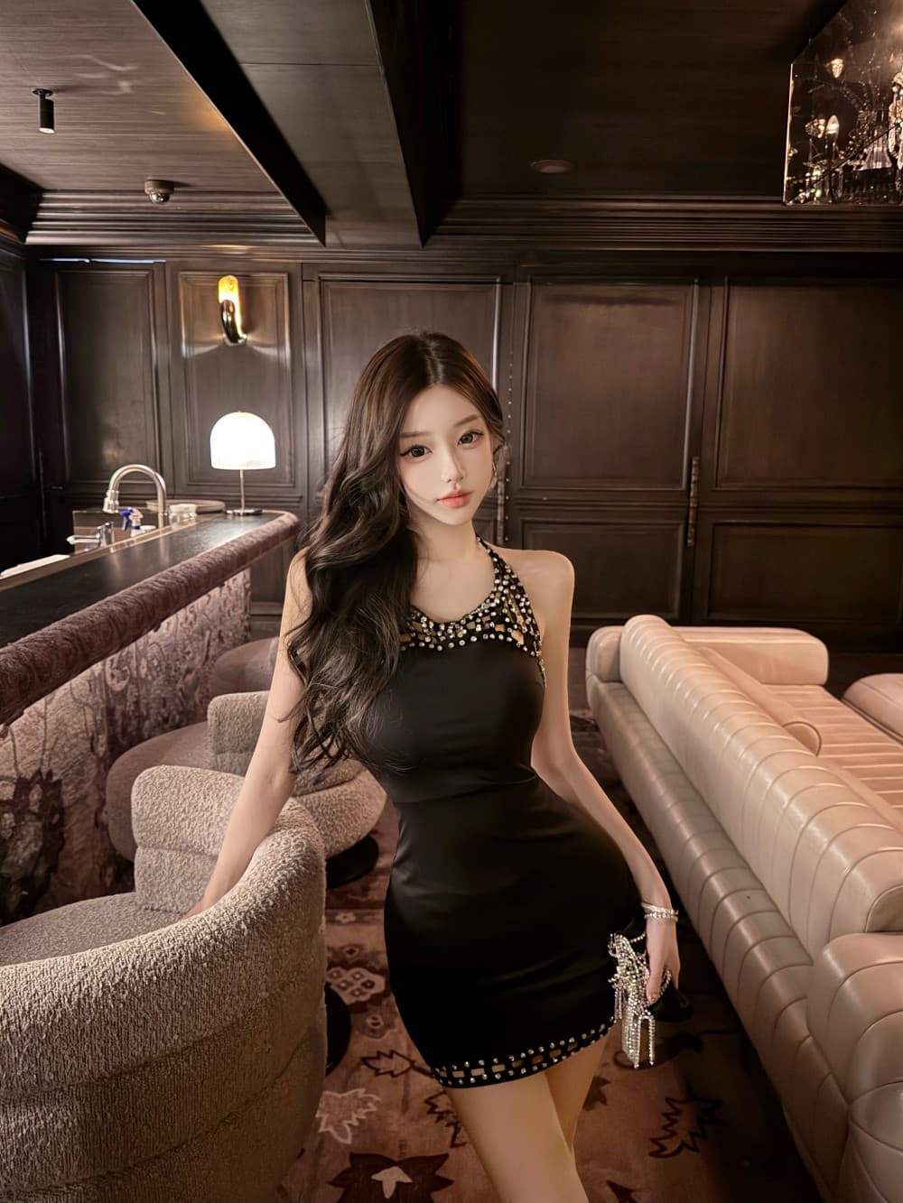실사 새로운 명문 여성 바람 무거운 작업 다이아몬드 세팅 행침 목 천 골드 품격 슬림해 보이는 슬립 드레스 상세 이미지 20