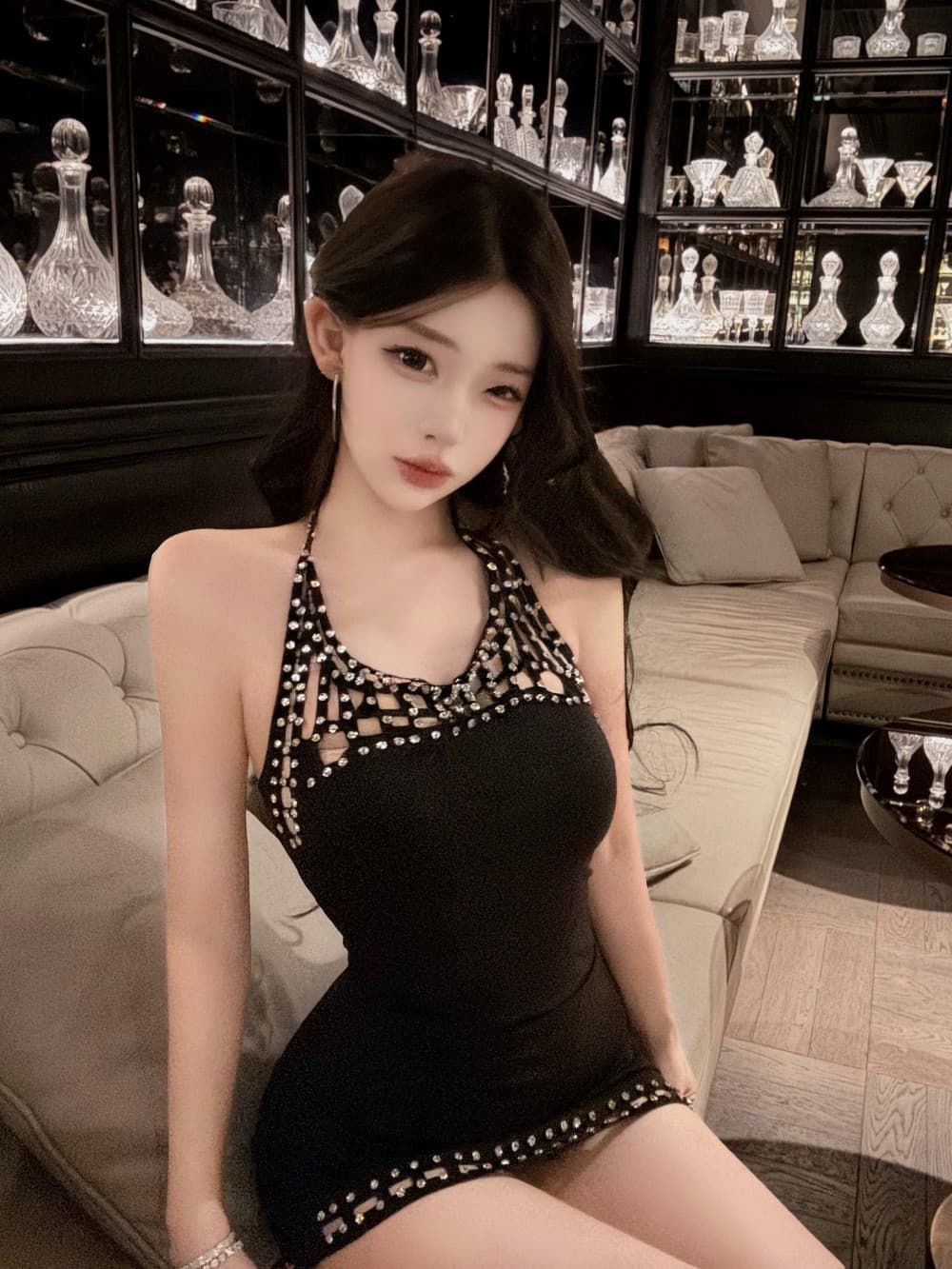 실사 새로운 명문 여성 바람 무거운 작업 다이아몬드 세팅 행침 목 천 골드 품격 슬림해 보이는 슬립 드레스 상세 이미지 24