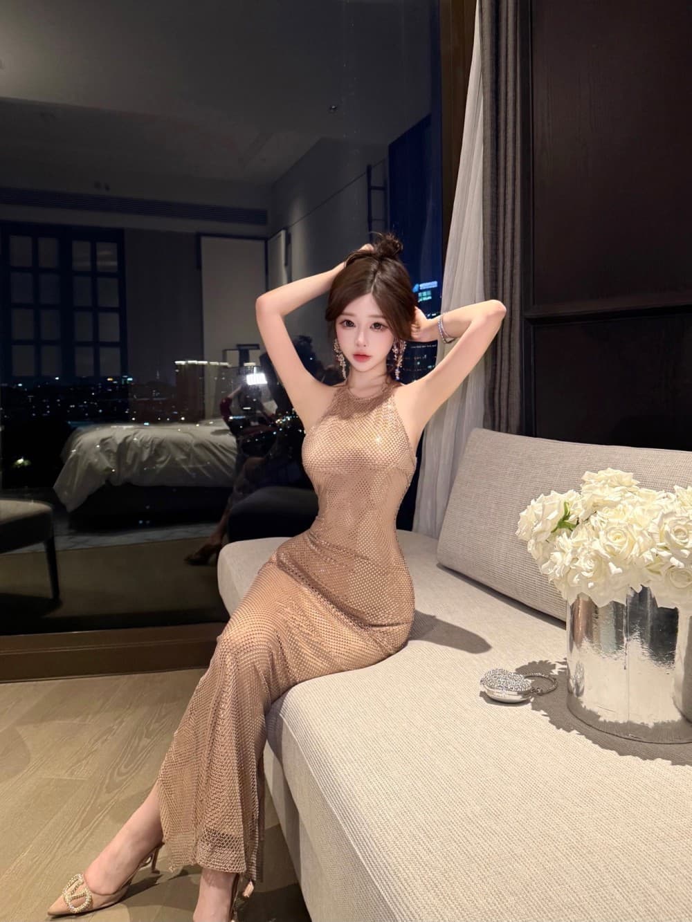 실사 새로운 프랑스식 품격 해변 드레스 휴가 스팽글 몸매 가꾸기 생일 저녁 식사 예복 드레스 상세 이미지 5