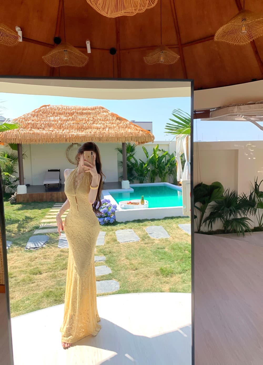실사 새로운 프랑스식 품격 행침 목 백리스 레이스 해변가 휴가 순수한 욕망 섹시함 허리 수축 드레스 상세 이미지 4