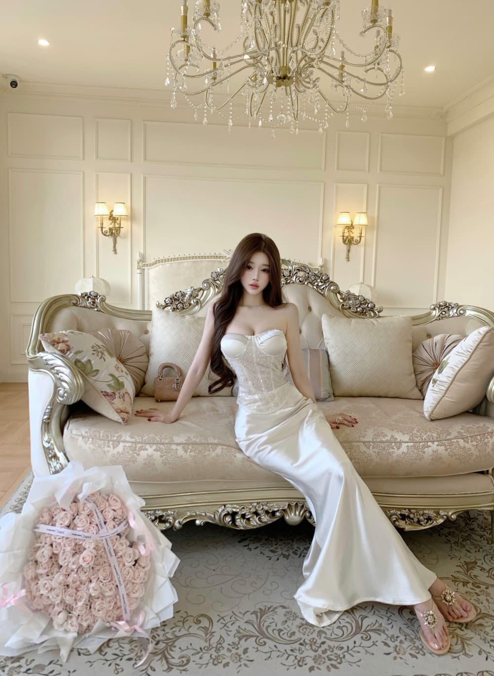 실사 새로운 핫걸 섹시함 튜브탑 생선뼈 맨위 파티 세트 참여 새틴 예복 품격 드레스 상세 이미지 6