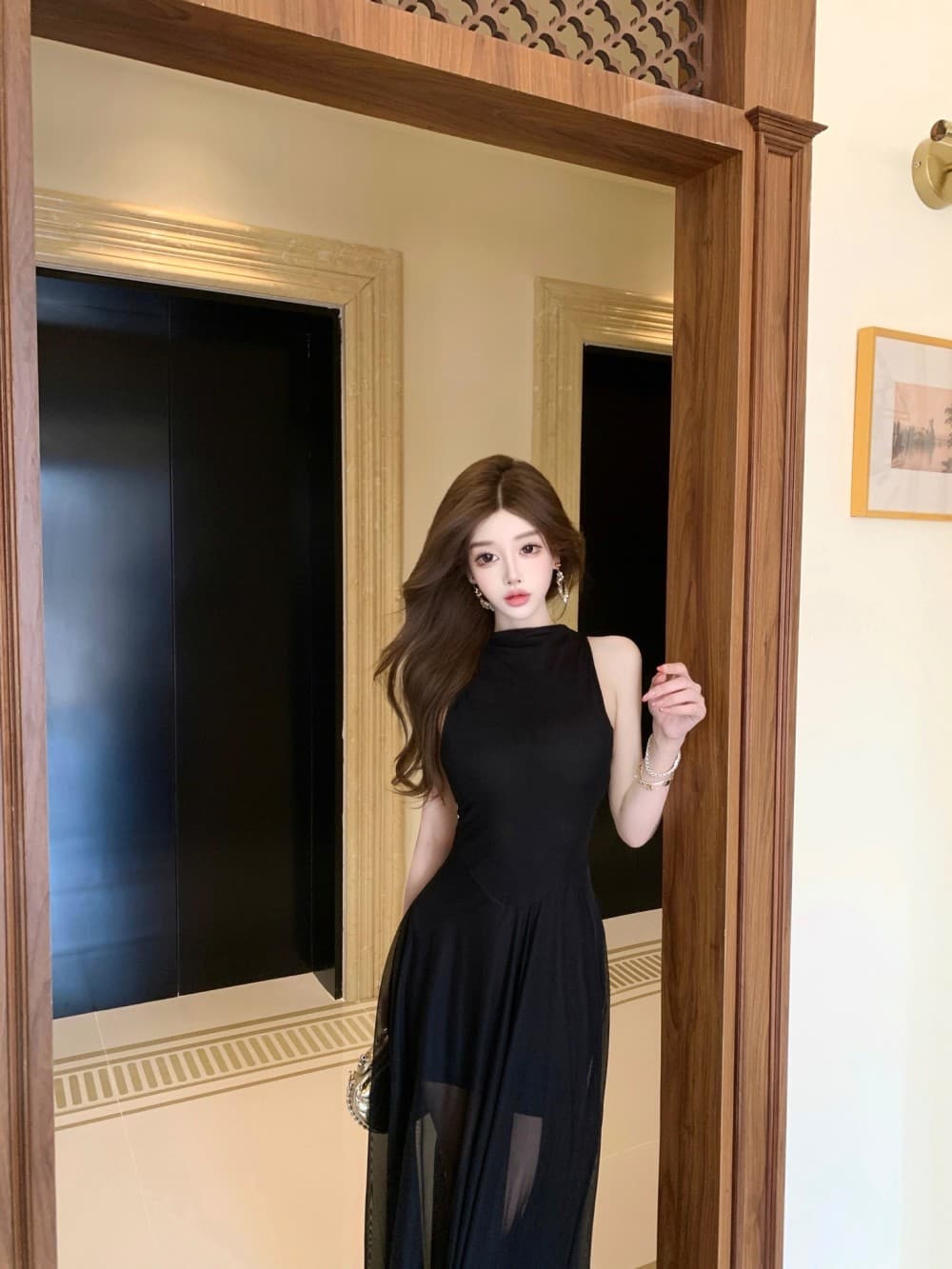 실사 새로운 프랑스식 로얄 자매 품격 망사 터틀넥 민소매 허리 수축 슬림해 보이는 패션 착용 가져 가라. 롱 스커트 상세 이미지 27