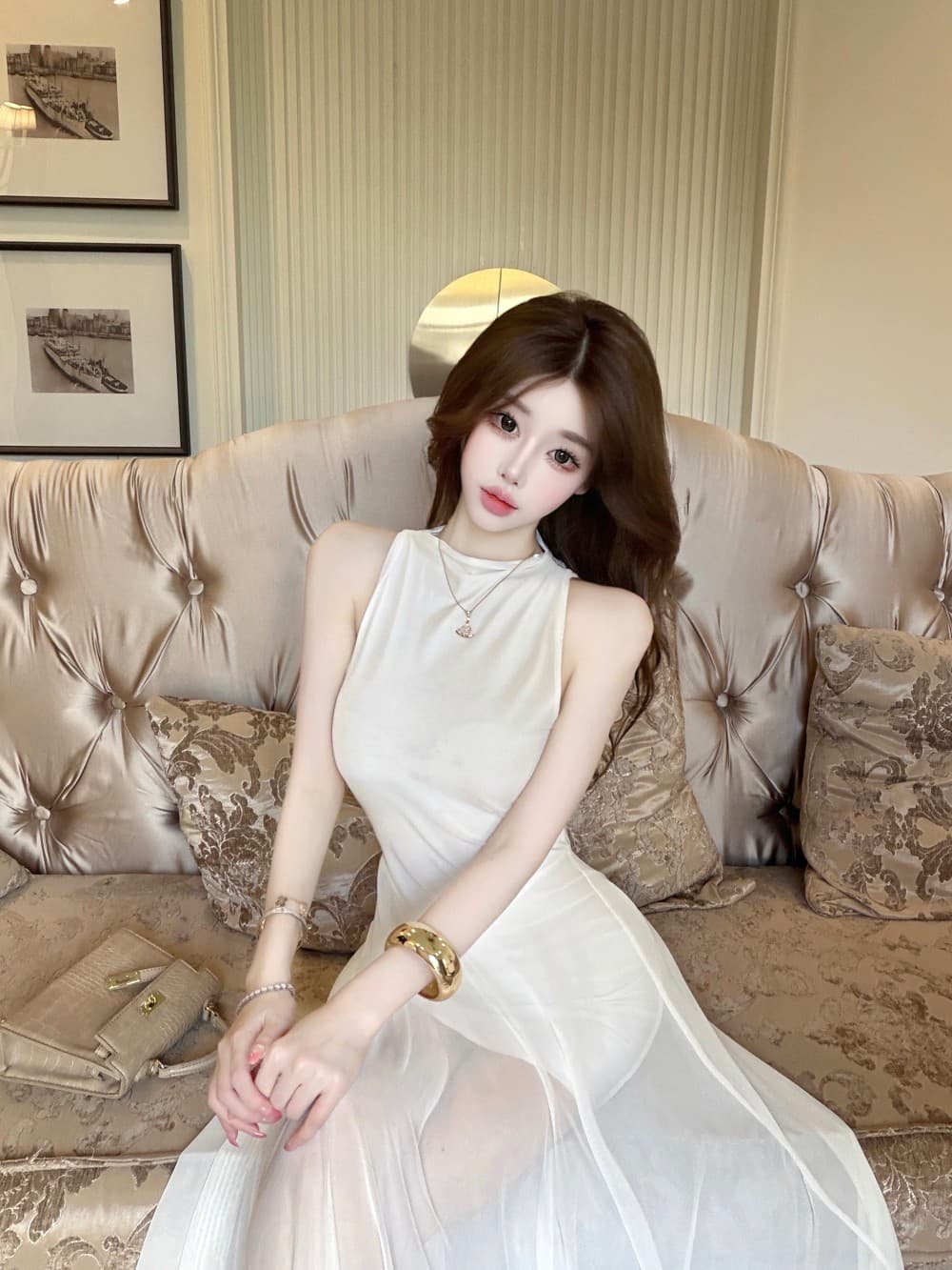 실사 새로운 프랑스식 그는 벤 바람 민소매 터틀넥 오프숄더 여성 드레스 고급 센스 품격 몸매 가꾸기 슬림해 보이는 롱 스커트 상세 이미지 8