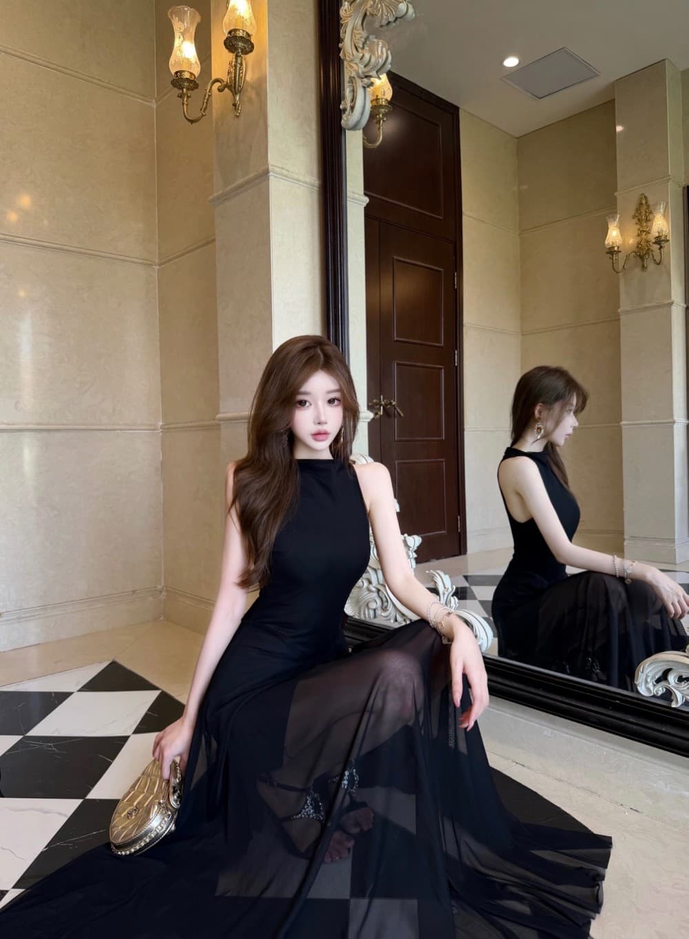 실사 새로운 프랑스식 그는 벤 바람 민소매 터틀넥 오프숄더 여성 드레스 고급 센스 품격 몸매 가꾸기 슬림해 보이는 롱 스커트 상세 이미지 22