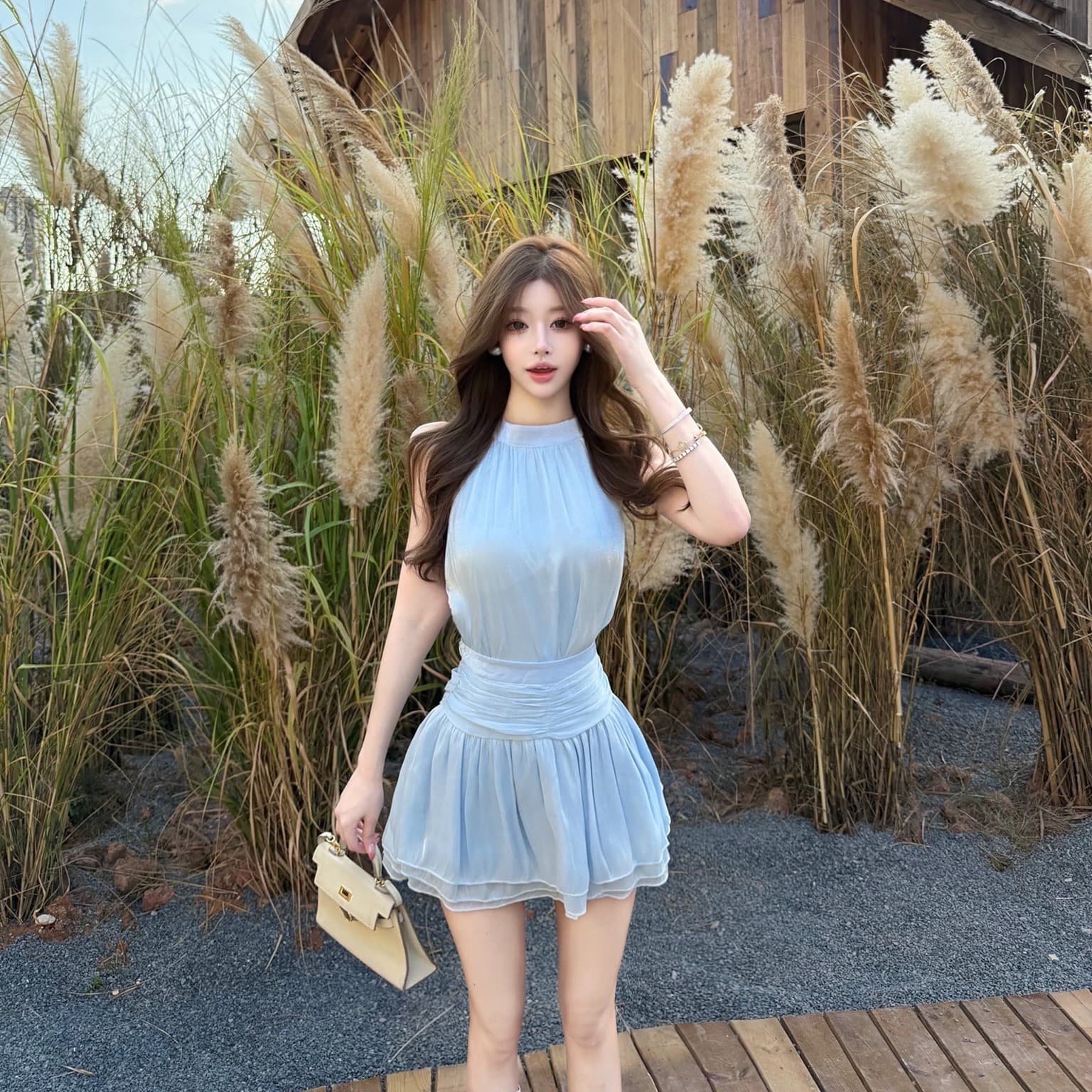 실사 새로운 행침 목 드레스 여름 민소매 미니 스커트 프랑스식 핫걸 디자인 센스 품격 치마 투피스 세트 이미지 3