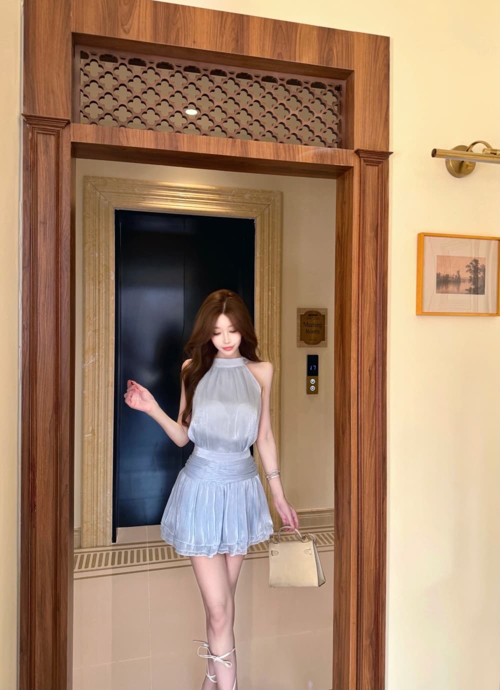 실사 새로운 행침 목 드레스 여름 민소매 미니 스커트 프랑스식 핫걸 디자인 센스 품격 치마 투피스 세트 상세 이미지 5