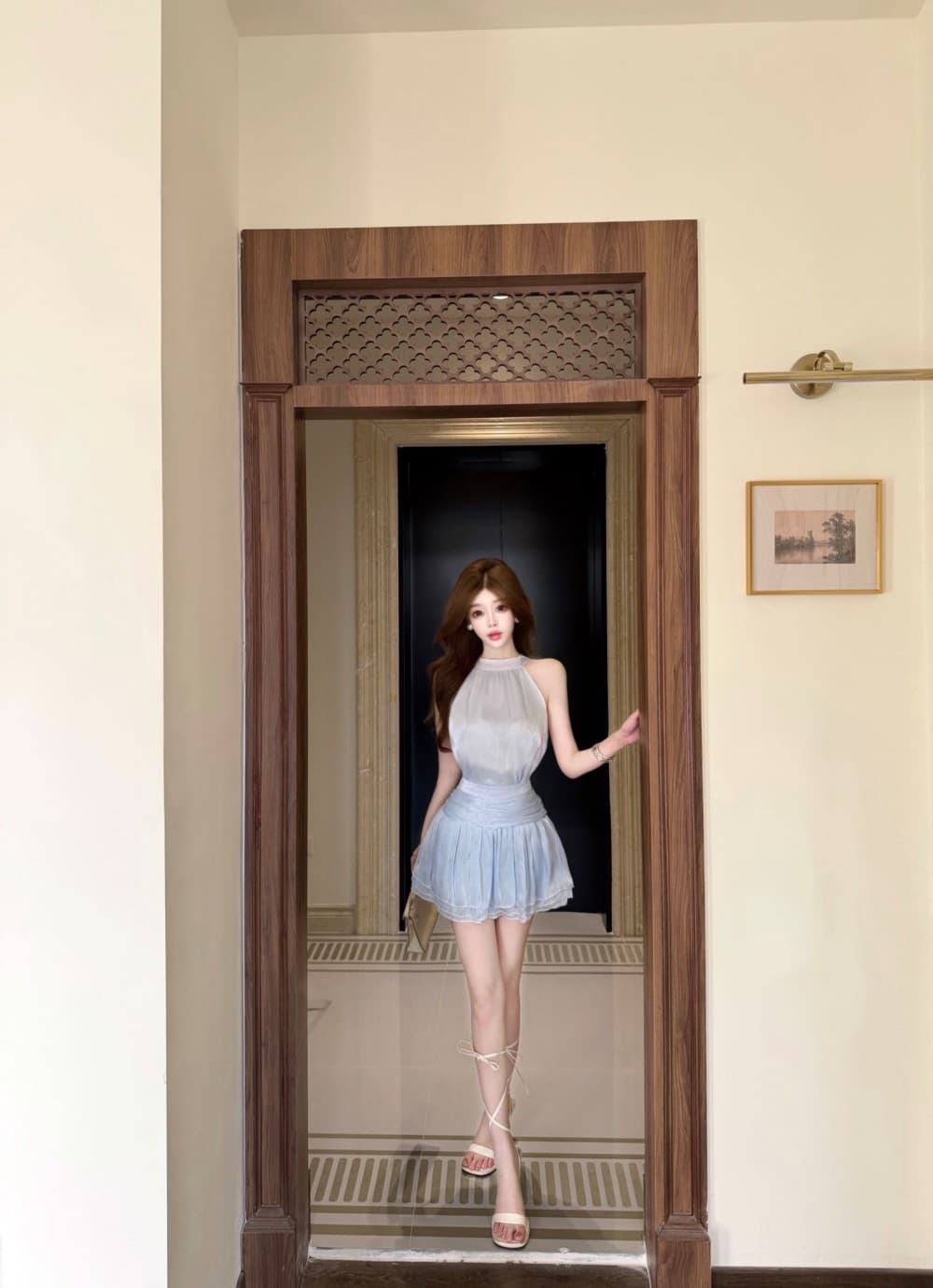 실사 새로운 행침 목 드레스 여름 민소매 미니 스커트 프랑스식 핫걸 디자인 센스 품격 치마 투피스 세트 상세 이미지 10