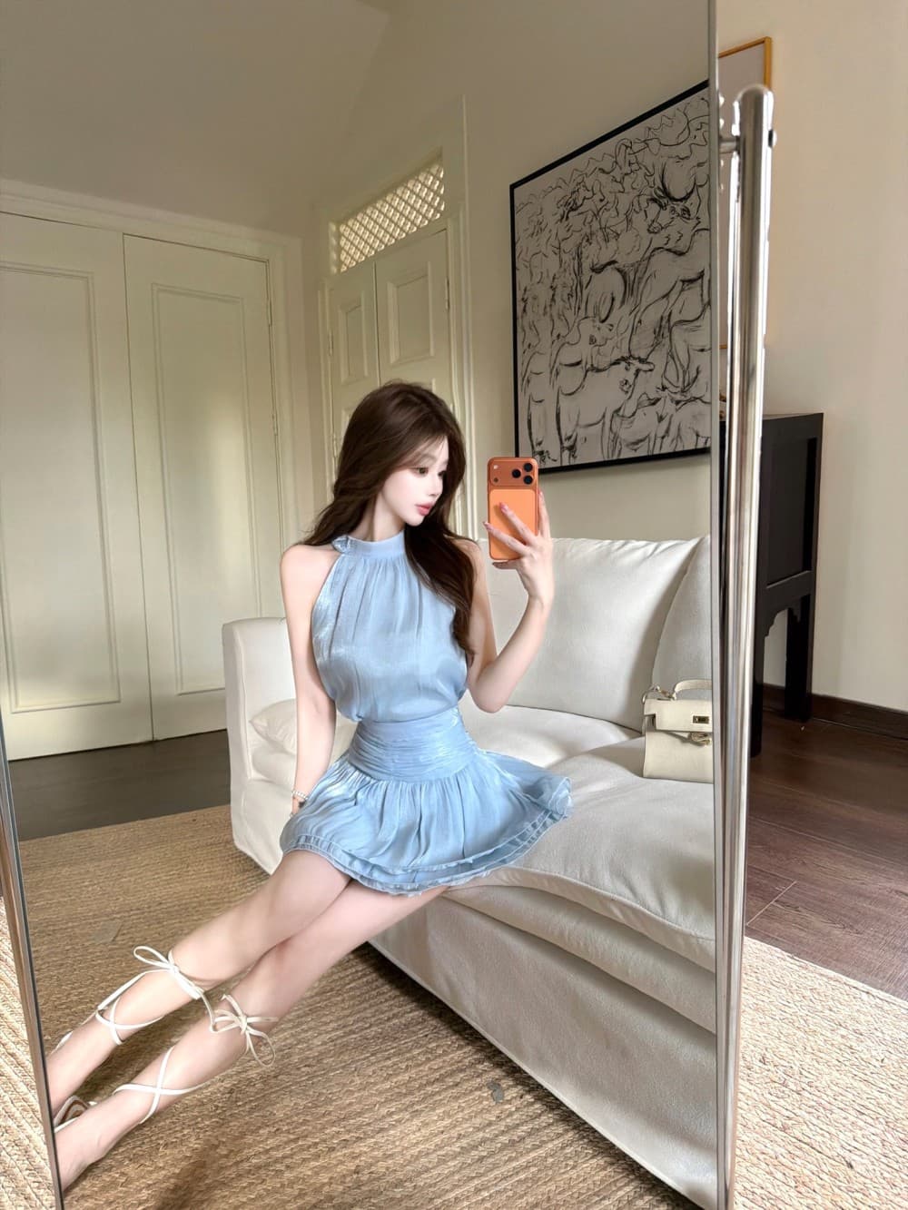실사 새로운 행침 목 드레스 여름 민소매 미니 스커트 프랑스식 핫걸 디자인 센스 품격 치마 투피스 세트 상세 이미지 15