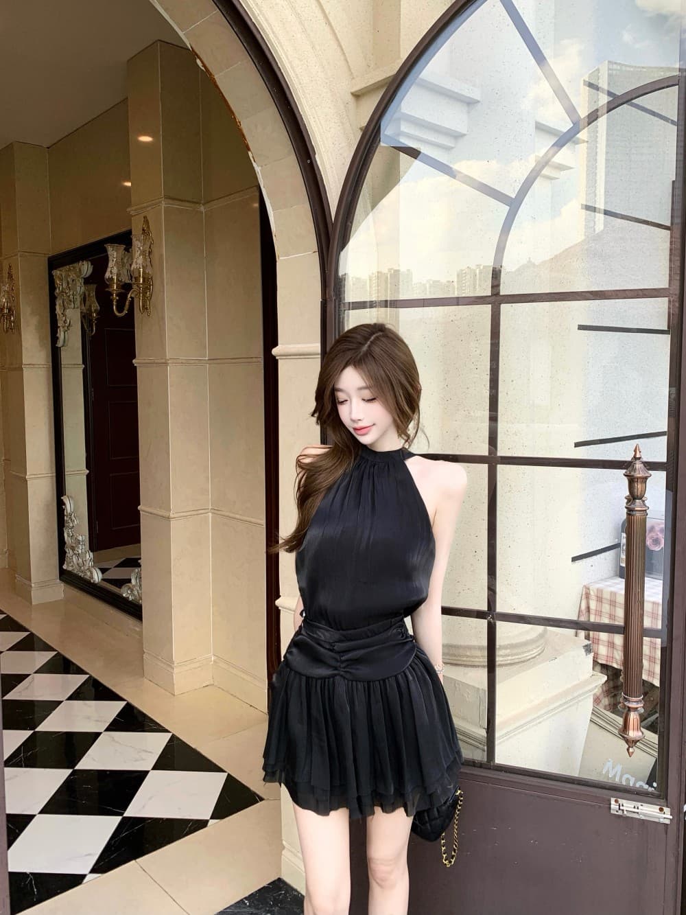 실사 새로운 행침 목 드레스 여름 민소매 미니 스커트 프랑스식 핫걸 디자인 센스 품격 치마 투피스 세트 상세 이미지 19