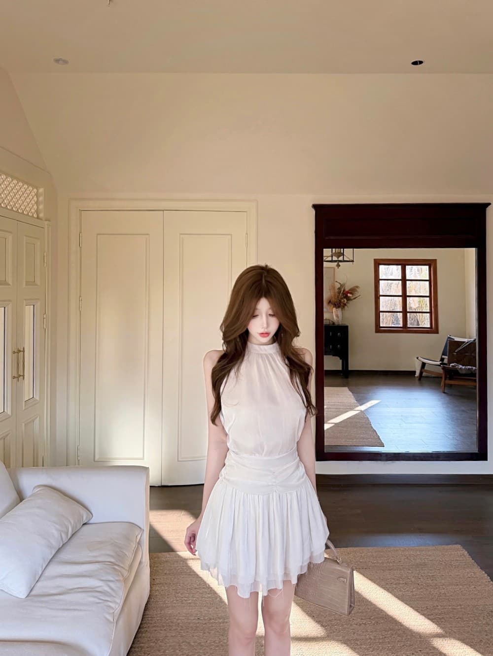 실사 새로운 행침 목 드레스 여름 민소매 미니 스커트 프랑스식 핫걸 디자인 센스 품격 치마 투피스 세트 상세 이미지 29