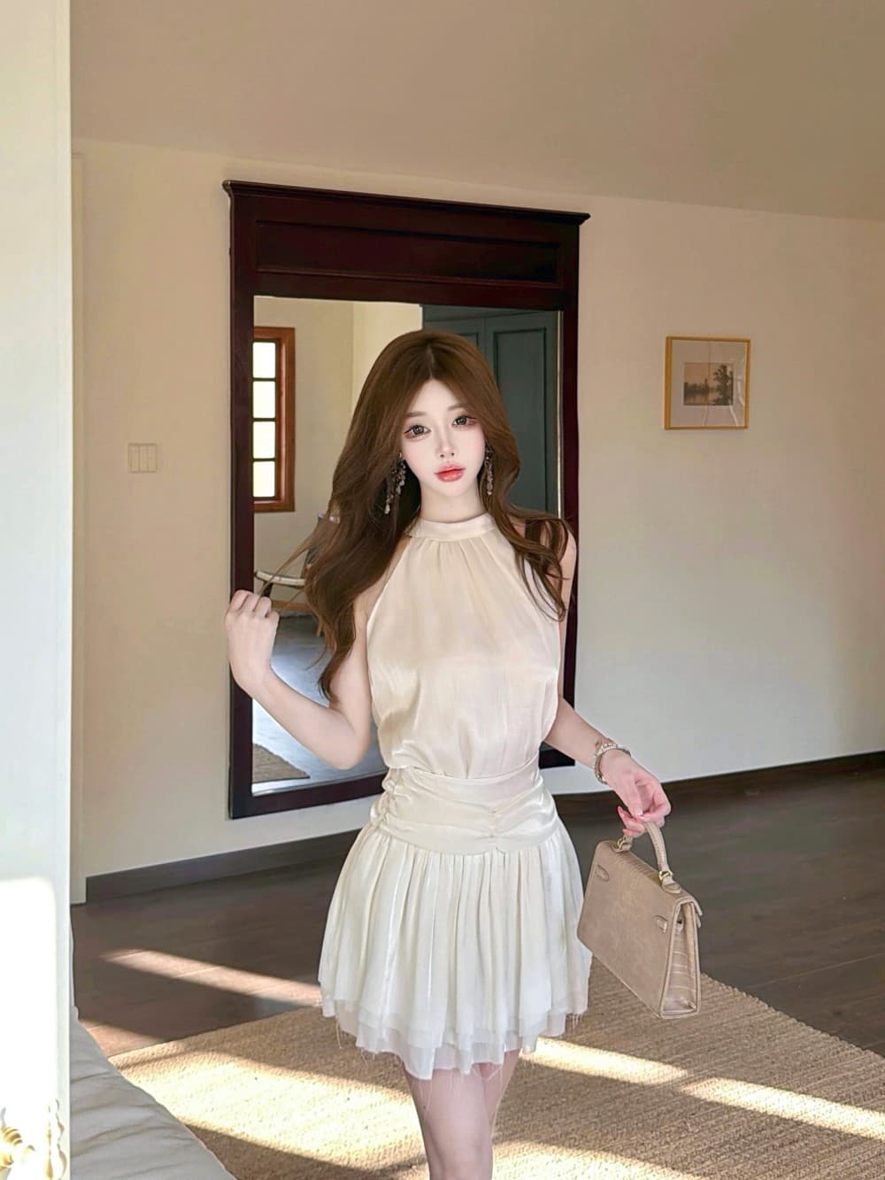 실사 새로운 행침 목 드레스 여름 민소매 미니 스커트 프랑스식 핫걸 디자인 센스 품격 치마 투피스 세트 상세 이미지 36