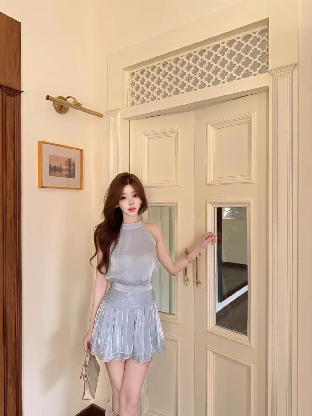 실사 새로운 품격 명문 여성 바람 민소매 허리 수축 슬림해 보이는 고급 센스 미니 스커트 투피스 세트 상세 이미지 14