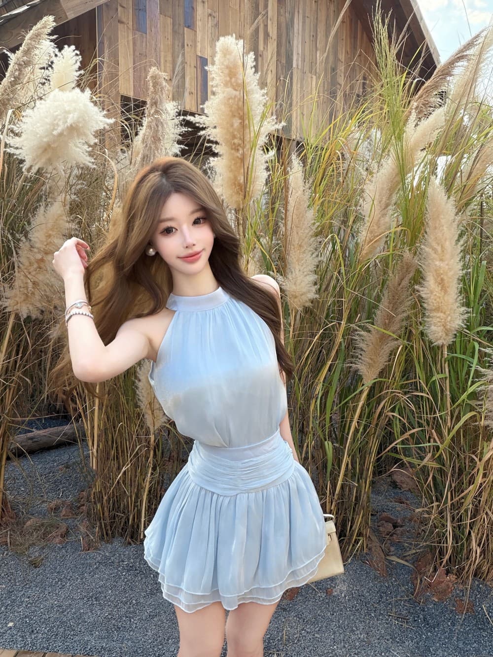 실사 새로운 품격 명문 여성 바람 민소매 허리 수축 슬림해 보이는 고급 센스 미니 스커트 투피스 세트 상세 이미지 26