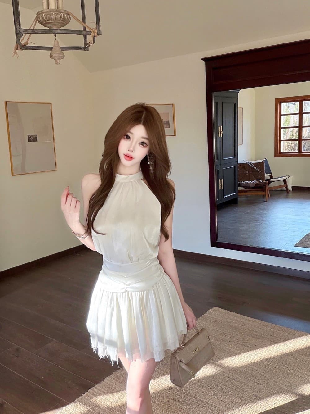 실사 새로운 행침 목 레이스업 프랑스식 품격 민소매 허리 수축 Chic 투피스 세트 상세 이미지 11
