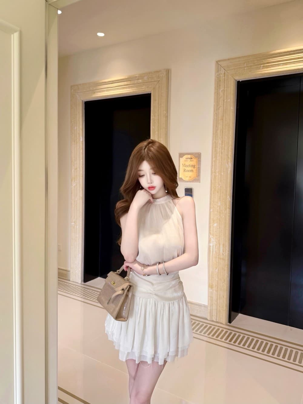 실사 새로운 행침 목 레이스업 프랑스식 품격 민소매 허리 수축 Chic 투피스 세트 상세 이미지 15