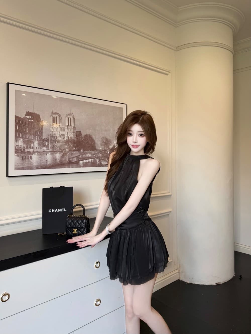 실사 새로운 행침 목 레이스업 프랑스식 품격 민소매 허리 수축 Chic 투피스 세트 상세 이미지 22