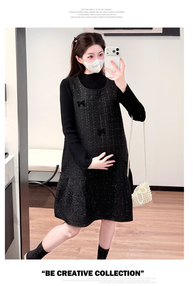 실사 지금 가을 겨울철 새로운 한국 스타일 작은 샤넬 스타일 나비 매듭 플래시 징징 모직 임산부 빅 사이즈 조끼 치마 세트 상세 이미지 15