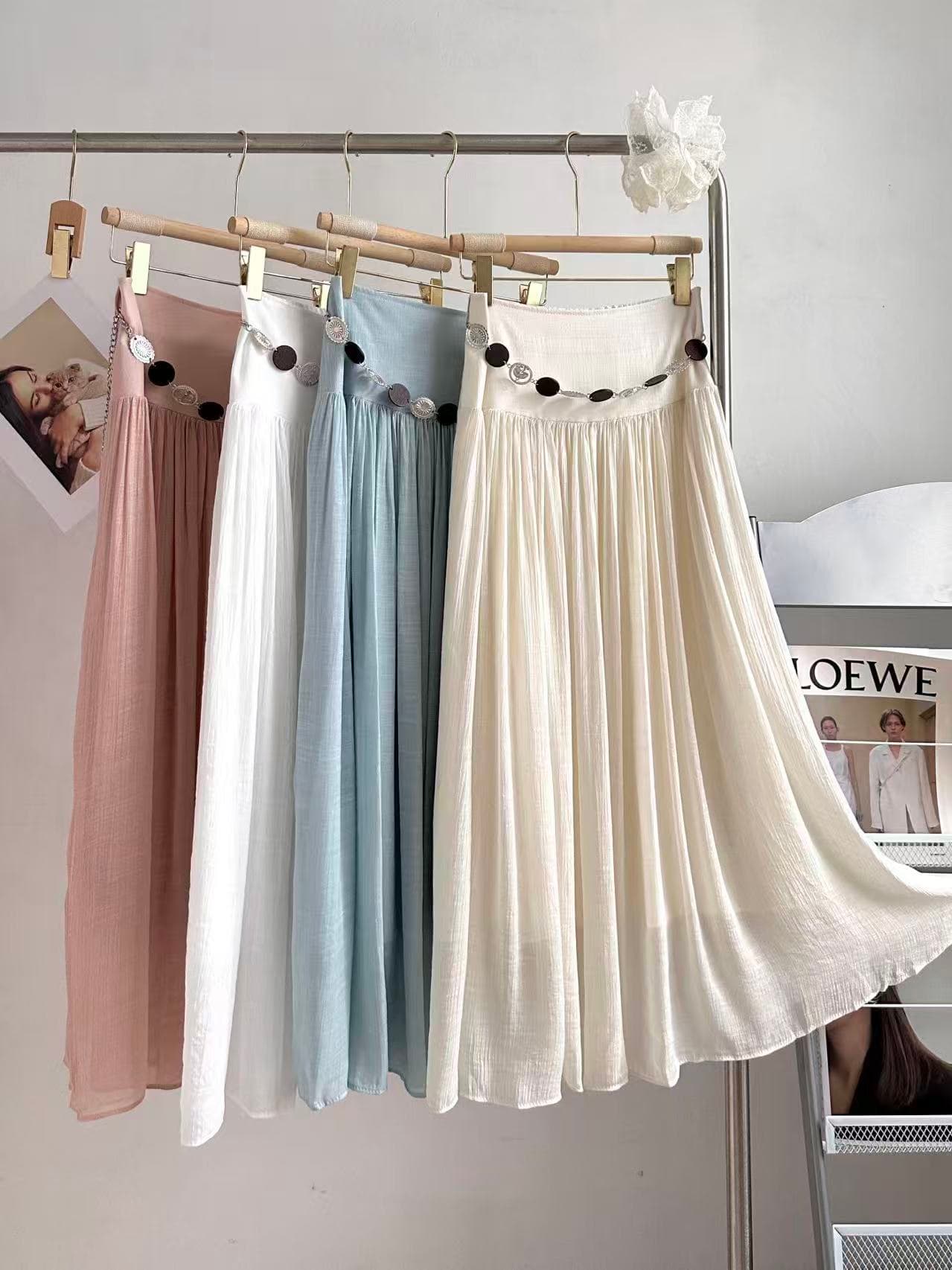 실사 폭발 베이지 색 아마 감기 센스 주간 실크 주름 마 롱 스커트 여성 여름 슈퍼 아름다움 허리 수축 질감 반신 스커트