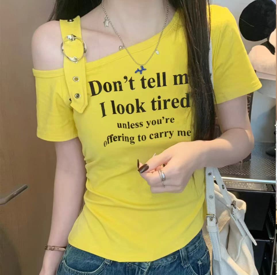 아메리칸 레트로 비스듬한 칼라 반팔 티셔츠 여성 여름 2026 새로운 작은 대중 디자인 센스 달콤한 매운맛 몸매 가꾸기 오프숄더 맨위 상세 이미지 4