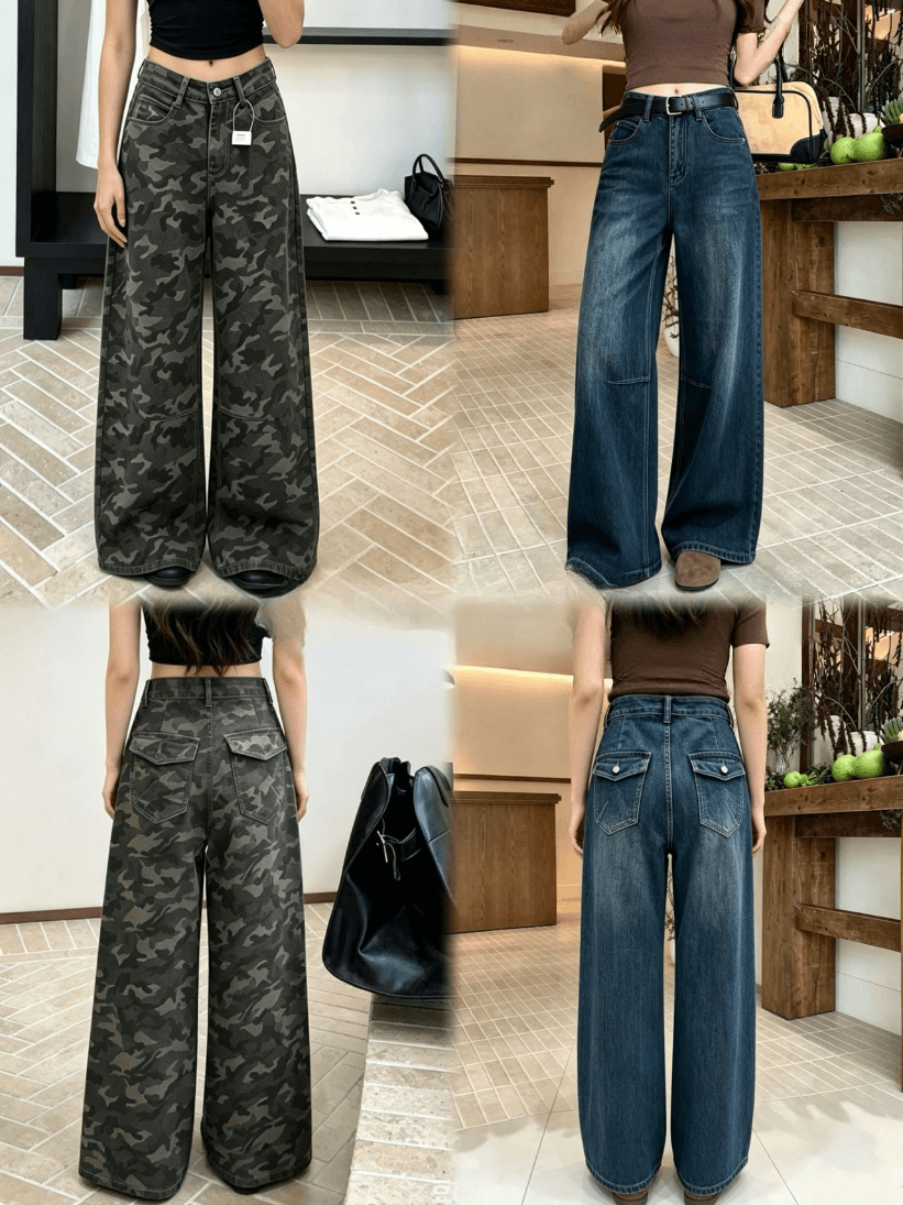 아메리칸 높음 거리 일 와이드 다리 카모플라주 청바지 여성 여름 새로운 레트로 루즈핏 느긋한 스트레이트 바닥 청소 바지 이미지 2