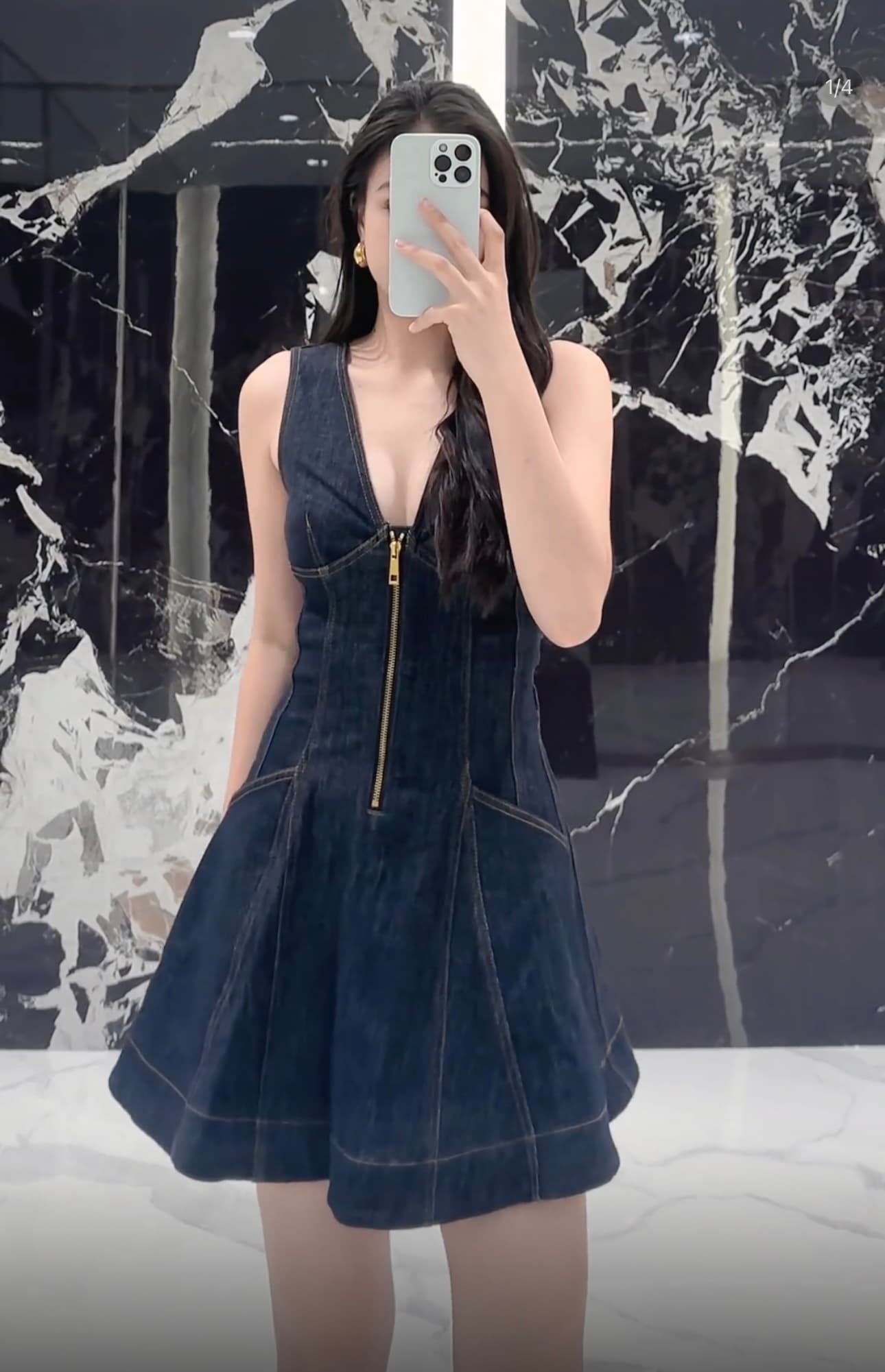 ange sunny V넥 데님 드레스 민소매 허리 수축 워싱 슬림해 보이는 한 마디 드레스 상세 이미지 1