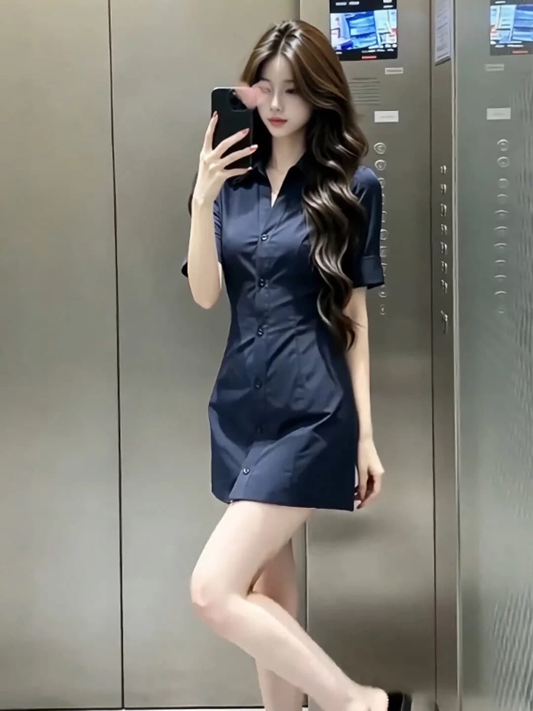 해군 폴로 칼라 반팔 셔츠 드레스 2026 여름 새로운 여름 드레스 허리 수축 품격 미니 스커트 치마 여성 의류 상세 이미지 1