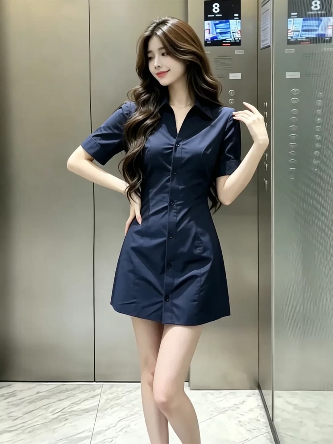 해군 폴로 칼라 반팔 셔츠 드레스 2026 여름 새로운 여름 드레스 허리 수축 품격 미니 스커트 치마 여성 의류 상세 이미지 3