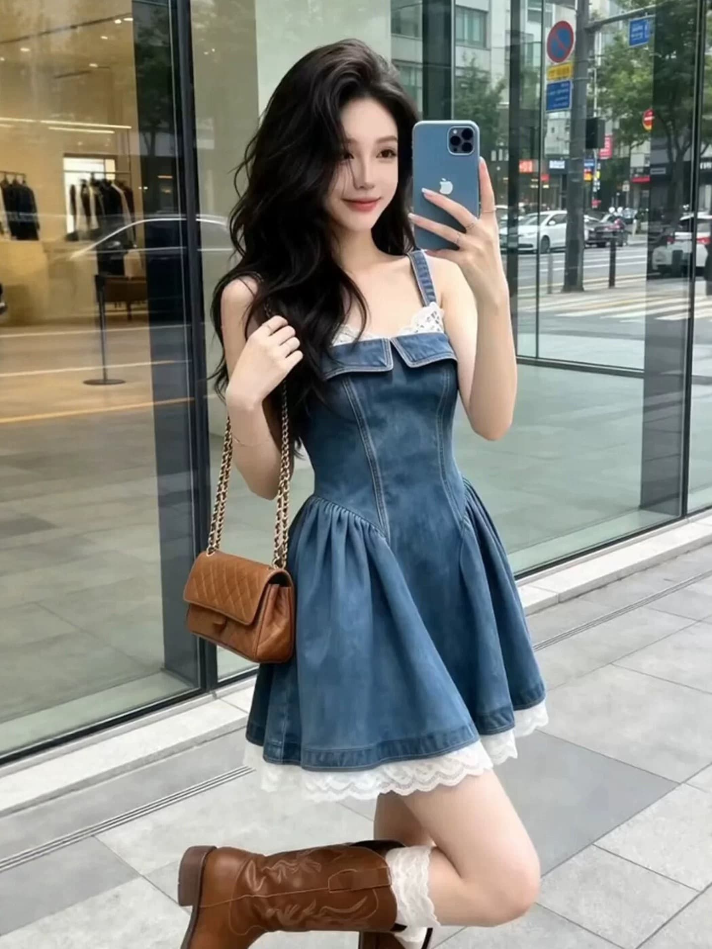 한국 스타일 품격 핫걸 데님 레이스 슬립 드레스 여성 의류 2026 여름 새로운 자이언트 잘 생긴 허리 수축 미니 스커트 상세 이미지 1