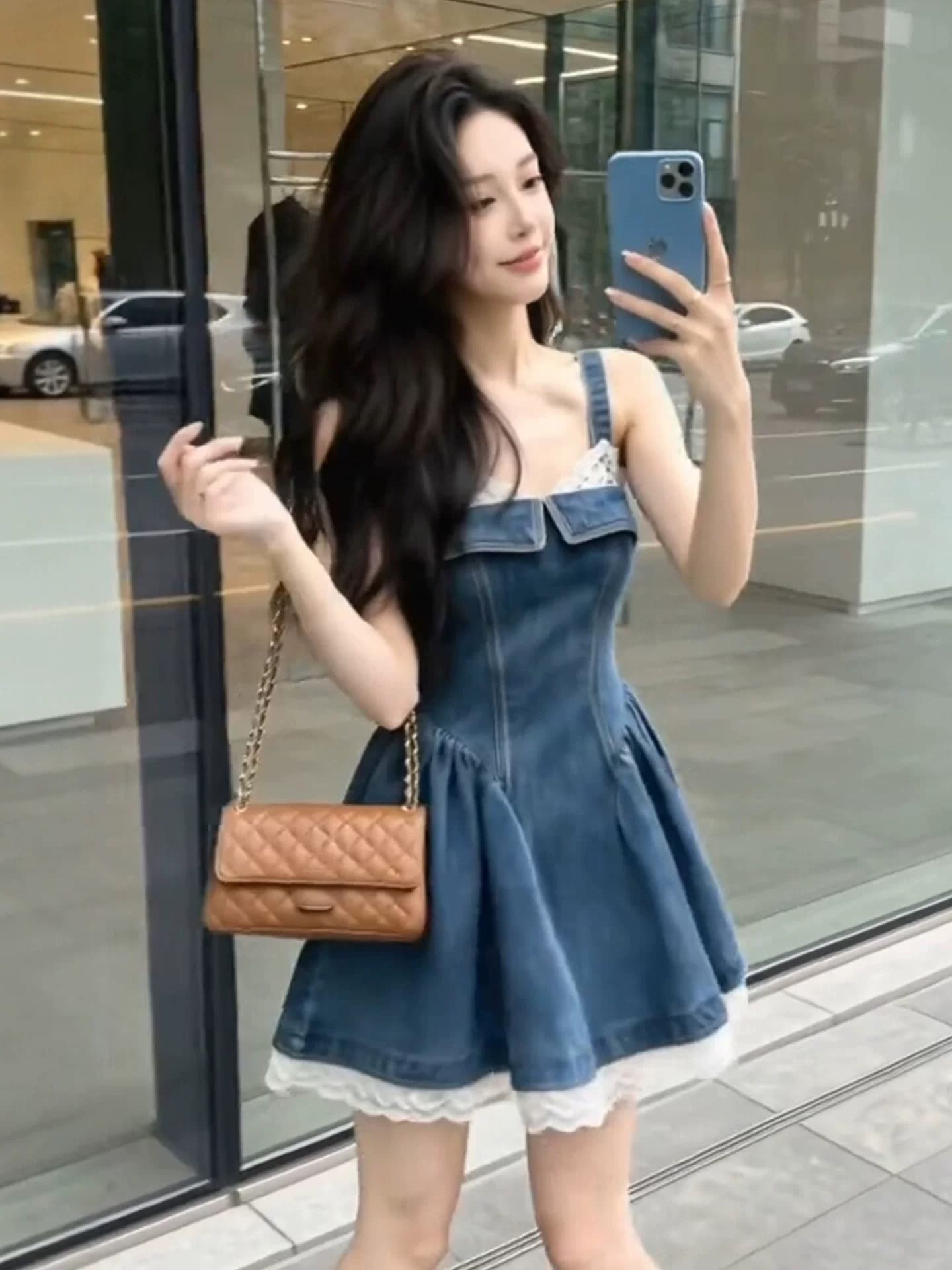 한국 스타일 품격 핫걸 데님 레이스 슬립 드레스 여성 의류 2026 여름 새로운 자이언트 잘 생긴 허리 수축 미니 스커트 상세 이미지 3