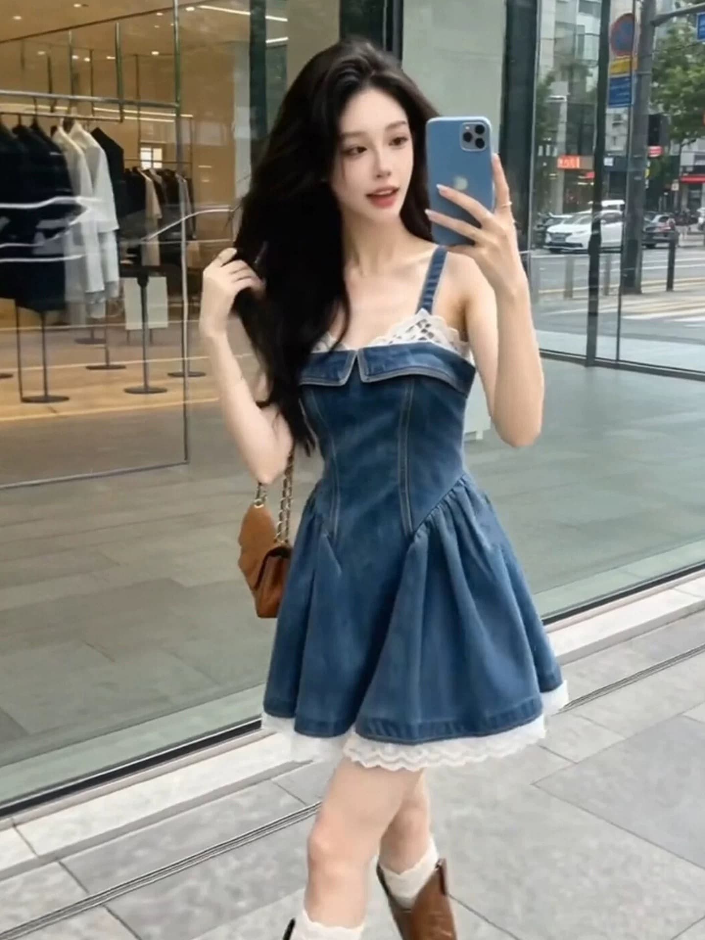 한국 스타일 품격 핫걸 데님 레이스 슬립 드레스 여성 의류 2026 여름 새로운 자이언트 잘 생긴 허리 수축 미니 스커트 상세 이미지 4
