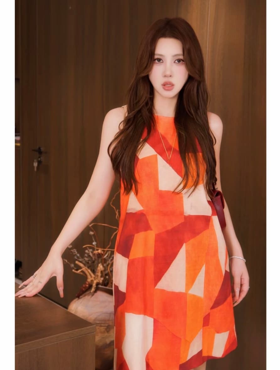 구오 연 통 기하학 디자인 프린트 민소매 드레스 프린트 슬림해 보이는 여름