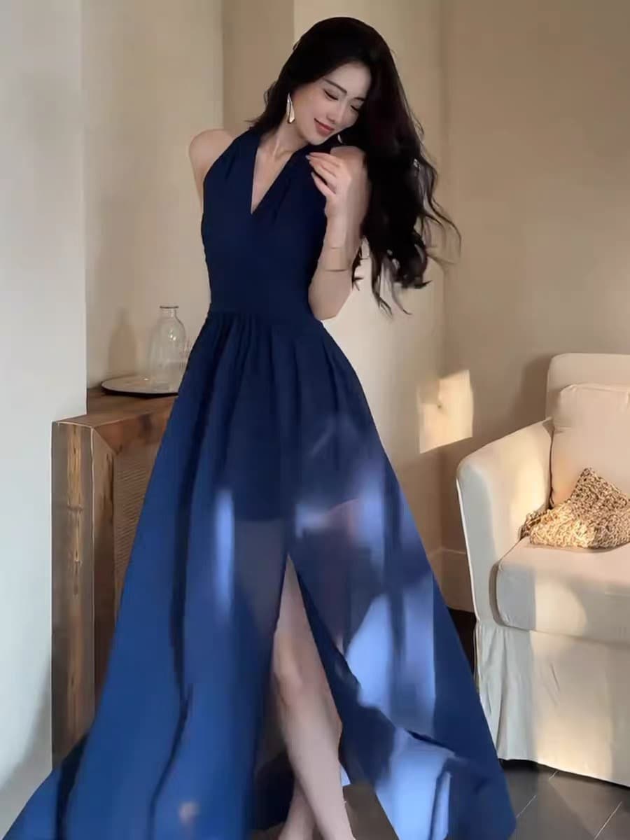 빛 럭셔리 바람 V넥 민소매 조끼 여성 드레스 2026 여름 새로운 파란색 섹시함 로얄 자매 바람 품격 롱 스커트 상세 이미지 5