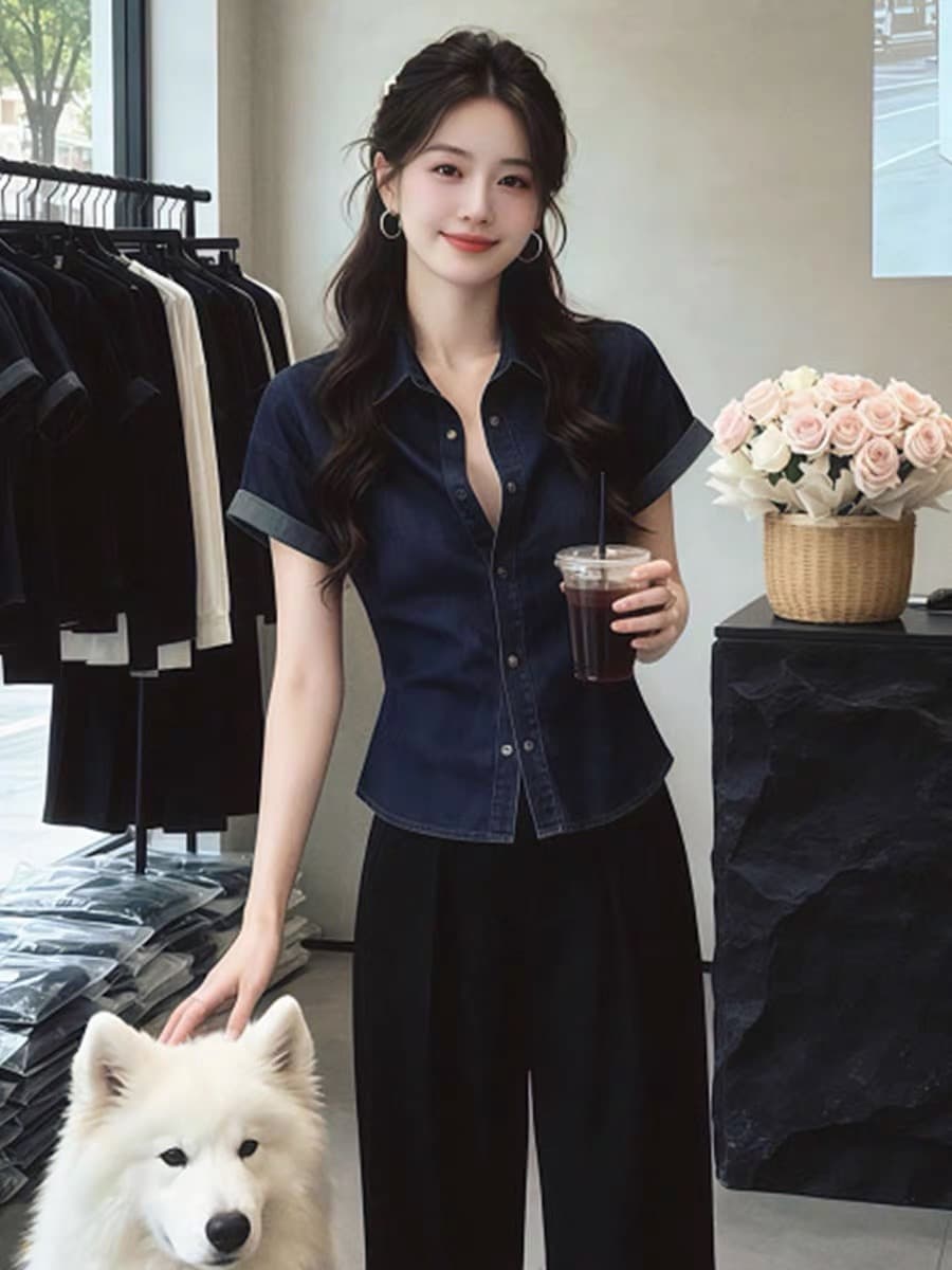 항구 바람 레트로 품격 출퇴근 데님 셔츠 여성 의류 2026 여름 새로운 캐주얼 고급 작은 대중 몸매 가꾸기 맨위 상세 이미지 2