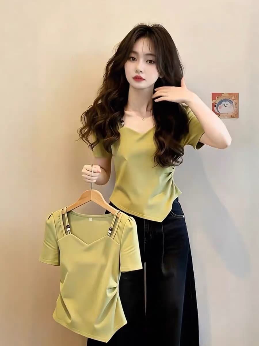 디자인 센스 불규칙 광장 칼라 반팔 기본 셔츠 맨위 2026 년 여름 새로운 여름 드레스 쇼트 스타일 티셔츠 여성 의류 상세 이미지 5
