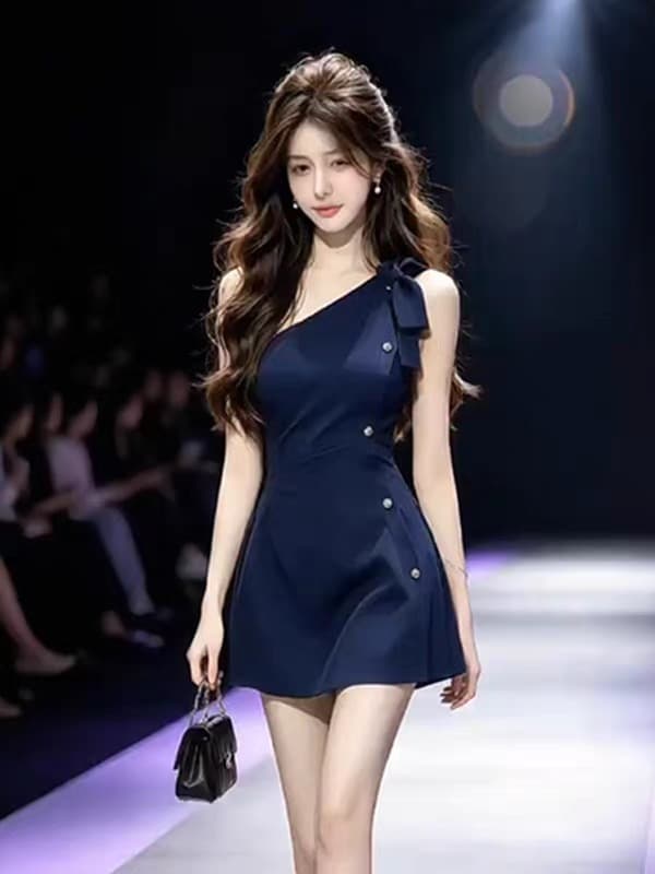 한 부서 품격 핫걸 비스듬한 어깨 나비 매듭 드레스 2026 여름 새로운 섹시함 허리 수축 타이트 스커트 미니 스커트 여성 의류 상세 이미지 5