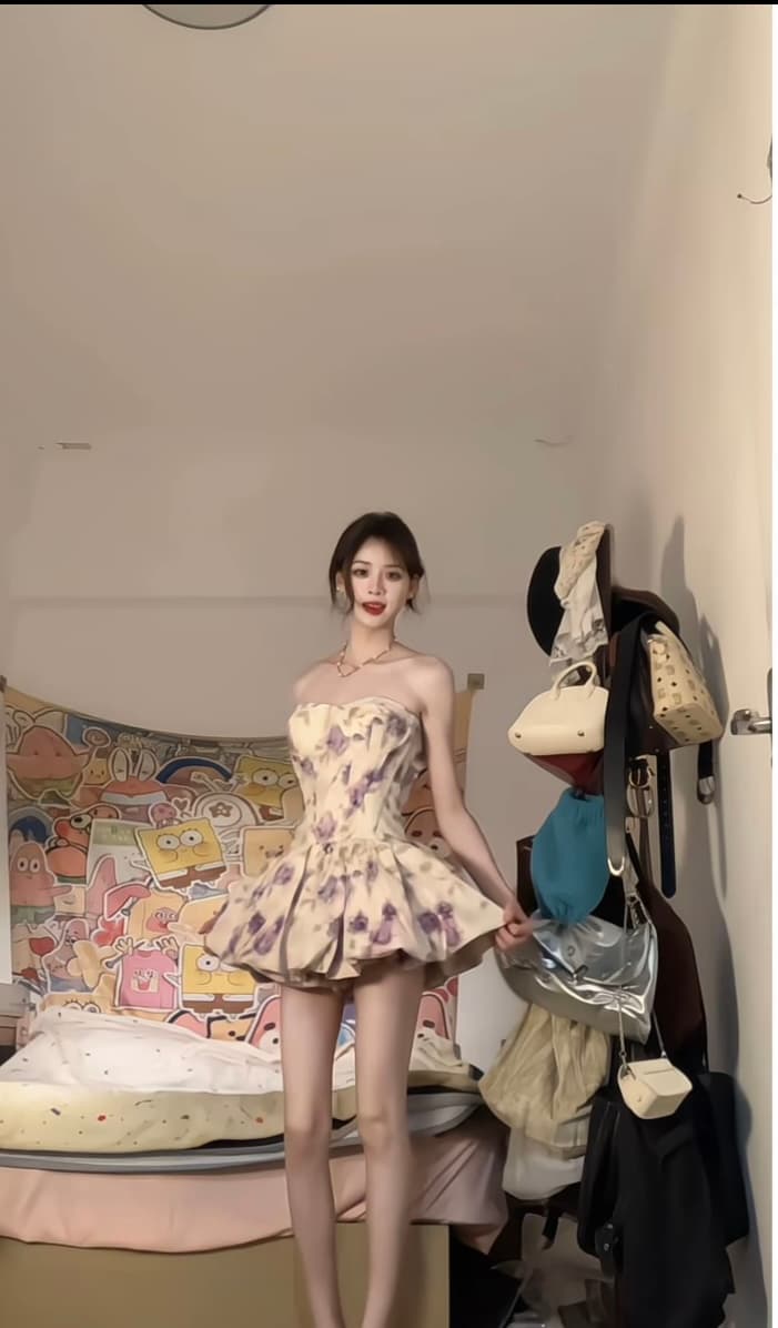 프랑스식 달콤함 휴가 바람 보라색 꽃무늬 튜브탑 드레스 허리 수축 슬림해 보이는 퍼프 스커트 작은 키 꽃밭 치마 이미지 3