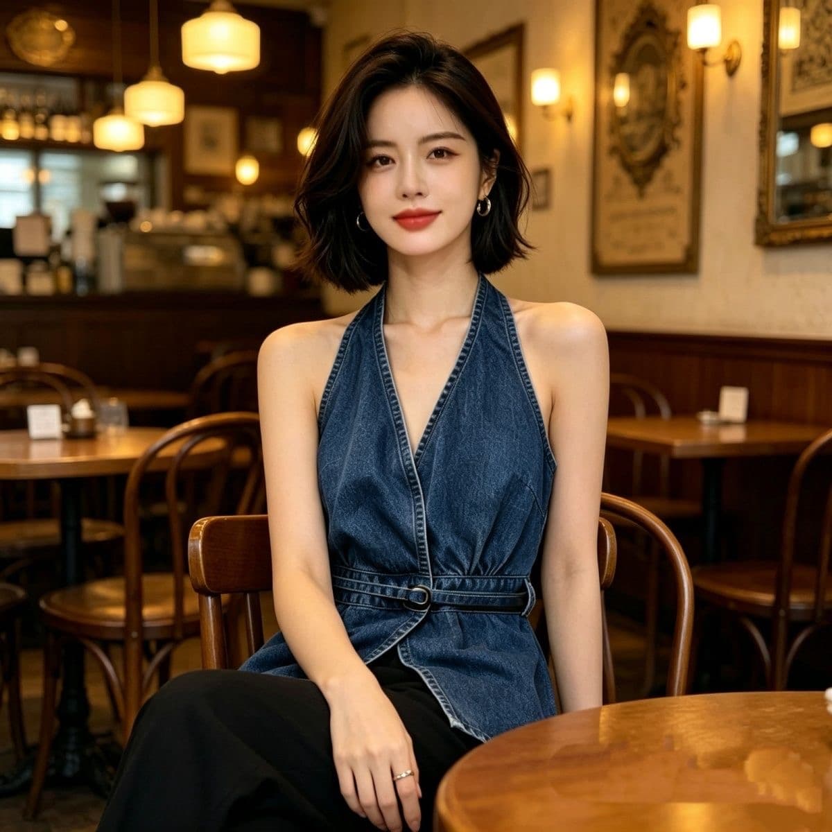 슬림해 보이는 품격 한국 스타일 데님 조끼 여자 허리 수축 레이스업 민소매 맨위 출퇴근 바람 연령 감소 디자인 센스 슈퍼 좋은 이미지 2