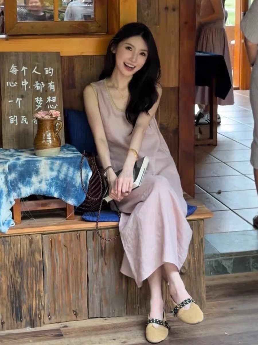 u 칼라 측면 디자인 센스 아마 드레스 2026 여름 새로운 핑크색 루즈핏 느긋한 바람 롱 스커트 치마 여성 의류 상세 이미지 3