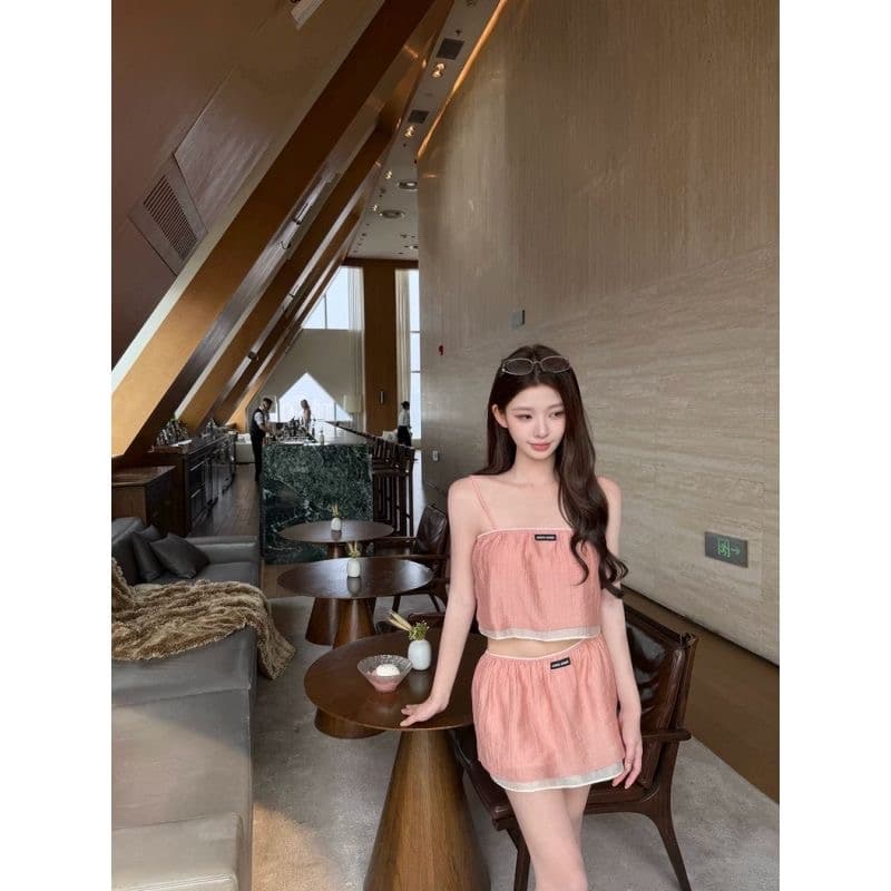 kubiliv 다시 순수한 다시 우는 소리 주간 실크 세트 염색 페이크 레이어드 망사 슬립 맨위 미니 스커트 활력 센스 세트