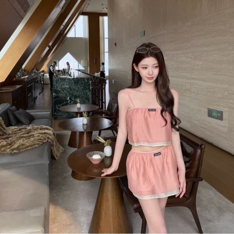 kubiliv 다시 순수한 다시 우는 소리 주간 실크 세트 염색 페이크 레이어드 망사 슬립 맨위 미니 스커트 활력 센스 세트 이미지 5