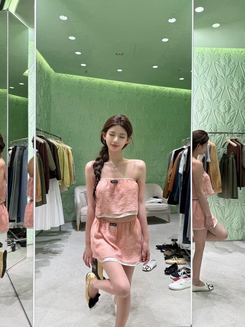 kubiliv 다시 순수한 다시 우는 소리 주간 실크 세트 염색 페이크 레이어드 망사 슬립 맨위 미니 스커트 활력 센스 세트 상세 이미지 5